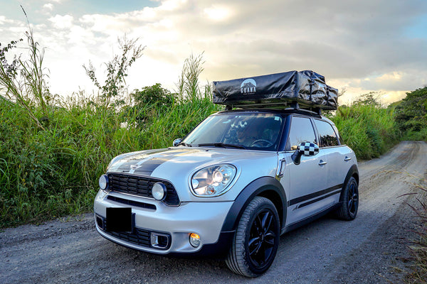 mini cooper with Wanaka 3 Person Roof Top Tent Setup With Annex